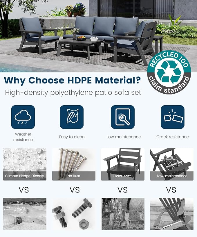 FOOWIN 7-Piece Patio Furniture Set, HDPE All-Weather Outdoor Conversation Set with Thick Cushions, Sectional Patio Sofa Furniture for Deck, Porch, Lawn, Garden, Grey Frame & Grey Cushion
