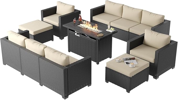 Aoxun 7 Piece Patio Furniture Set with Fire Pit Table, 10 Seats Outdoor Furniture Set with Wicker Ottomans, Rattan Outdoor Sectional Sofa with Thickened Cushion & Waterproof Cover Beige