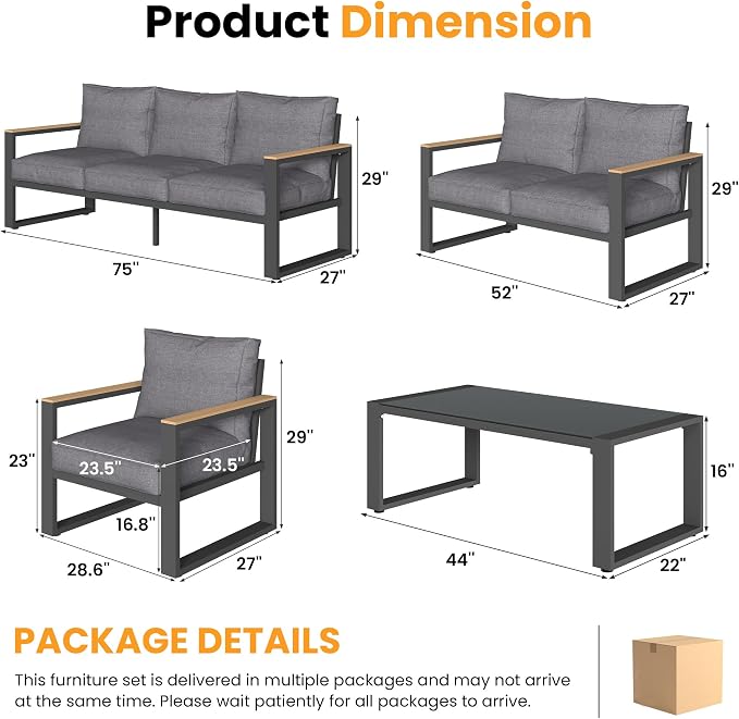 RoyalCraft Aluminum Patio Furniture Set, 5 Piece Outdoor Conversation Set with Coffee Table, Metal Outdoor Patio Furniture Set for Porch Backyard Garden, Grey