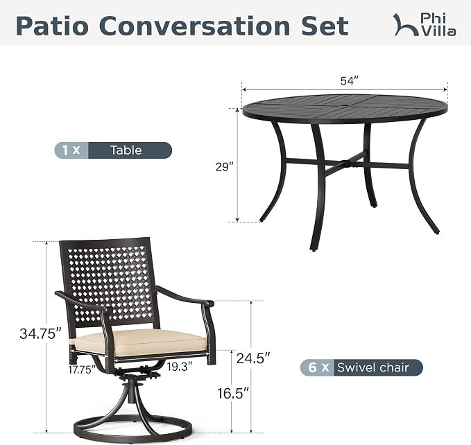PHI VILLA Outdoor Dining Set for 6, 54" Round Metal Table & Swivel Chairs | 7 pcs black wrought iron furniture set w/ umbrella hole. All weather for patio, deck, yard, porch