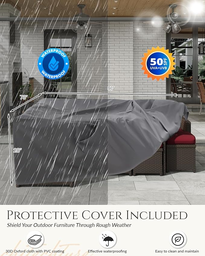 U-MAX 7 Pieces Patio Furniture Set with Waterproof Cover, Outdoor Sectional Sofa Conversation Set, All Weather Wicker Rattan Dining Table & Chair with Ottoman, Brown Rattan&Wine Red Cushion