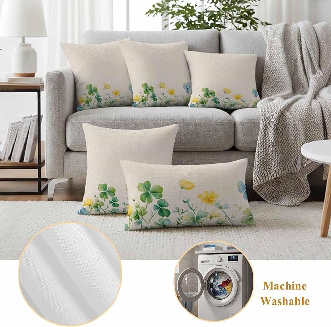 Spring Green Clovers Outdoor Waterproof Throw Pillow Covers Set of 2, 26"x26", Watercolor Yellow Blue Lucky Shamrock Leaf Linen Decorative Pillow Covers Outside Cushion Case for Patio Porch Garden