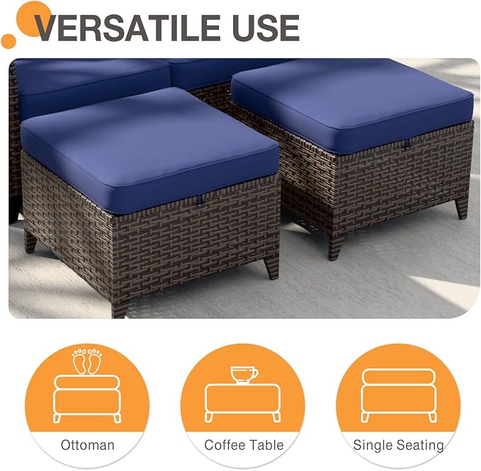 COOS BAY Harbor Retreat 5 Piece Outdoor Furniture Set, Patio Conversation Set with Swivel Rocking Chairs, 2 Seat Loveseat and Ottomans, Wicker Furniture, Brown/Blue