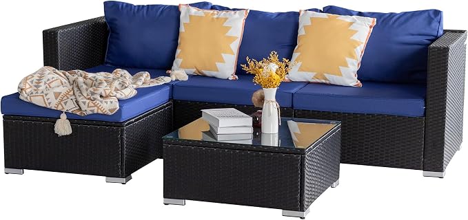 5 Piece Rattan Patio Furniture Set, Outdoor Patio Conversation Set | Soft Removable Cushion and Backrest, Tempered Coffee Table, Modern Chairs and Table Sets for Porch, Garden, Lawn, Black/Blue
