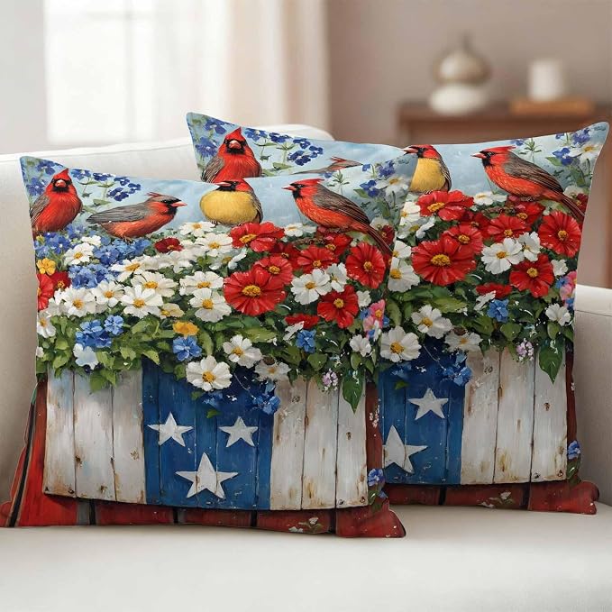 Cardinal Bird Poppy Outdoor Waterproof Throw Pillow Covers Set of 2, 18"x18", 4th of July Patriotic USA Flag Decorative Pillow Covers Outside Cushion Case for Patio Porch Garden