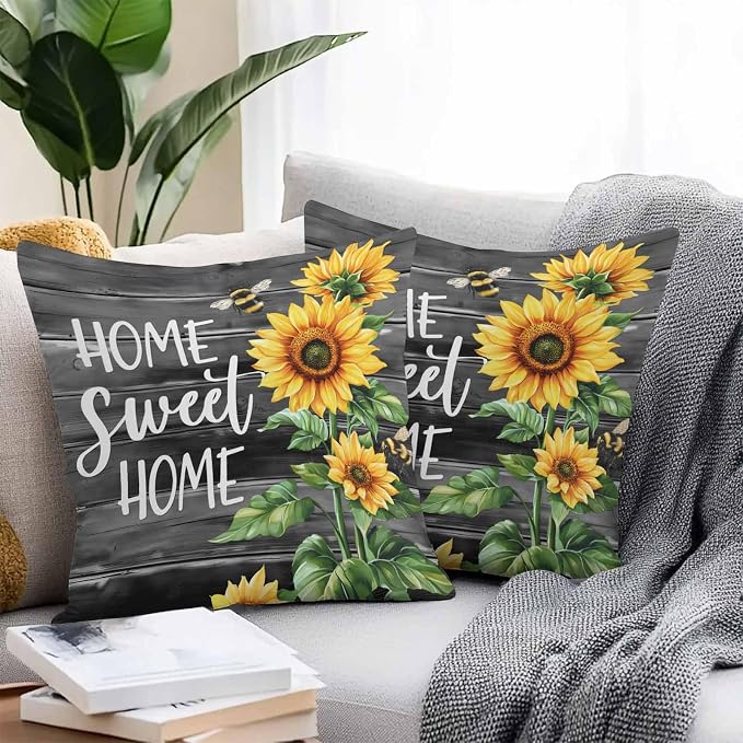Throw Pillow Covers 20x20 Inch Set of 2, Spring Sunflowers Waterproof Outdoor Pillow Covers, Black Wooden Grain Country Farm Decorative Cushion Pillowcases for Couch, Sofa, Bed, Garden, Patio