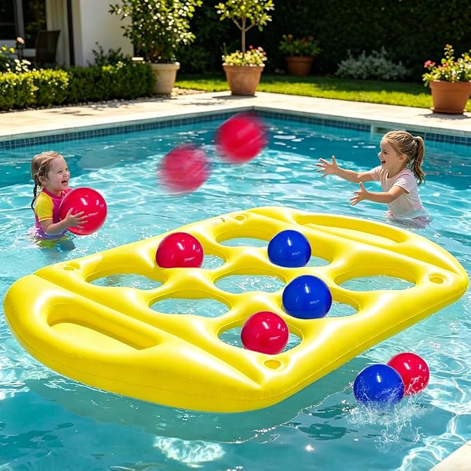Pool Toys Games Set, Tic-Tac-Toe Inflatable Pool Toy with 10 Balls, Giant Inflatable Floating Board Pool Party Beach Lawn Game Water Ball Toys for Kids Adults (Yellow)