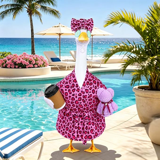 Celltestria Lady Goose Outfits for 23" Geese Bathrobe Rose Pink Leopard Porch Goose Costume Coffee Cup Bear Cucumber Eye Mask Goose Clothes for Outdoor Patio Yard Lawn Garden Decoration