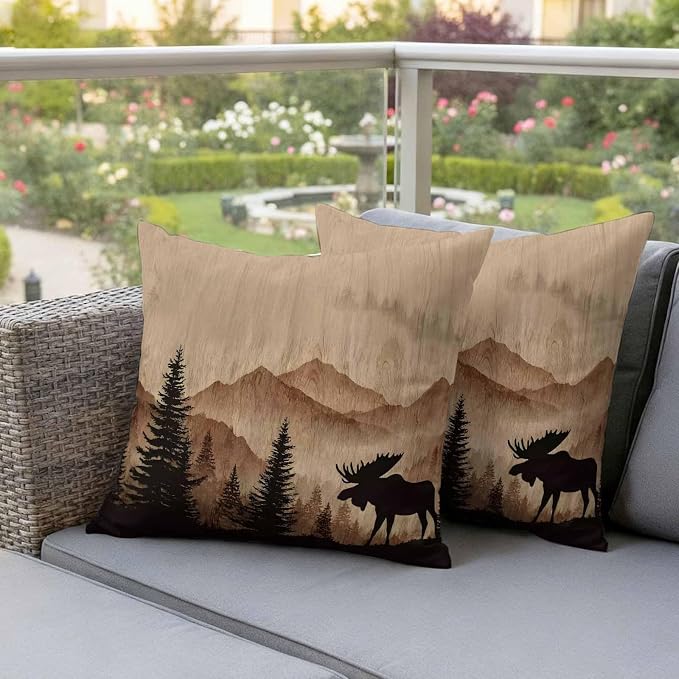 Moose Silhouette Outdoor Pillow Covers 24"x24" Set of 2, Nature Mountain Landscape Waterproof Throw Pillow Covers for Patio Furniture, Decorative Cushion Covers for Porch