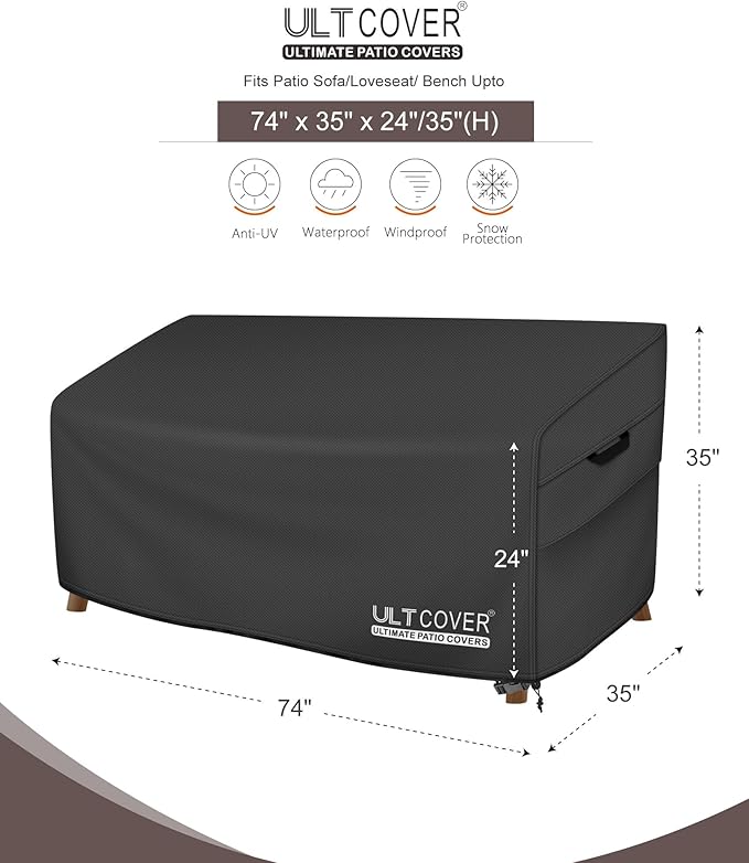 ULTCOVER Patio Furniture Sofa Cover 74W x 35D x 35H inch Waterproof Outdoor 3-Seater Couch Cover, Black