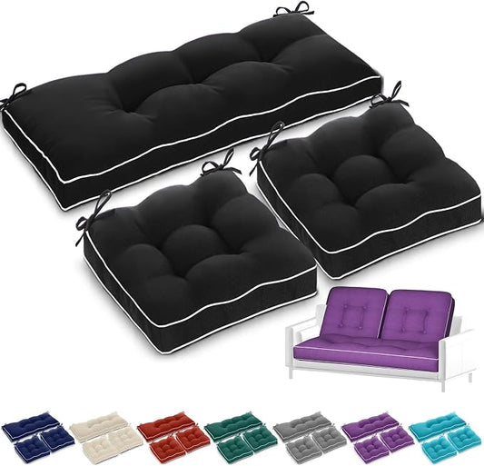 Wenqik 44 x 19 x 4 Inch Outdoor Bench Cushion Set of 3 Waterproof Tufted 1 Patio Loveseat Cushions and 2 Square Chair Seat Pad for Outdoor Furniture Couch Swing Sofa Wicker Settee(Black)