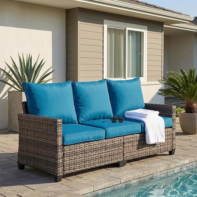 LAUSAINT HOME 3 Pieces Outdoor Patio Furniture, Outdoor Sectional Sofa Patio Furniture Sets Wicker Rattan Patio Conversation Sets with Cushion and Glass Table (Peacock Blue)