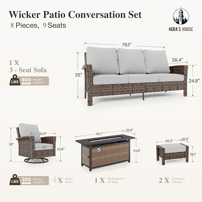 HERA'S HOUSE 8-Piece Patio Furniture Set with Swivel Chairs & Fire Pit, Outdoor High Back Wicker Conversation Sets with 5.5" Thick Cushions, All-Weather Deep Seating Sofa with Ottomans, Grey