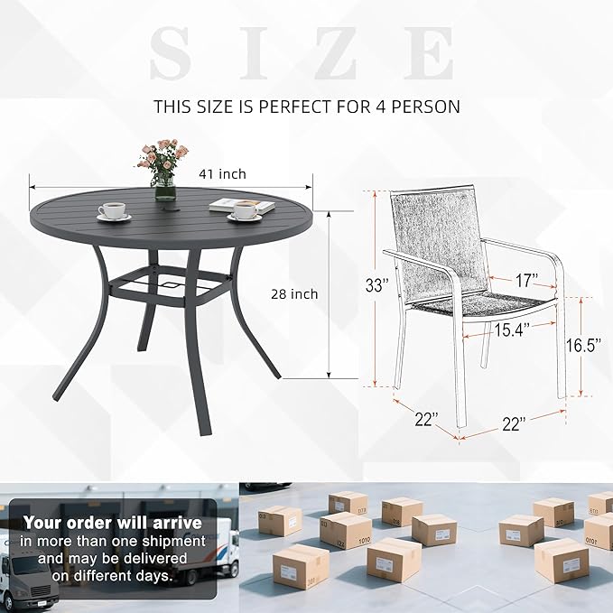 Anmutig 5 Piece Patio Table and Chairs Set, Outdoor Dining Set with 41 inch Round Table and 4 Stackable Black Chairs