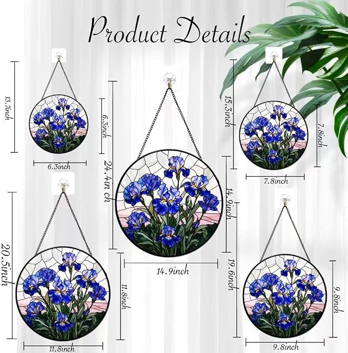 Stained Glass Window Hanging - Blue Iris Painting 7.8 Inches Suncatcher for Garden Home Decor for Women Mon Grandma Friends
