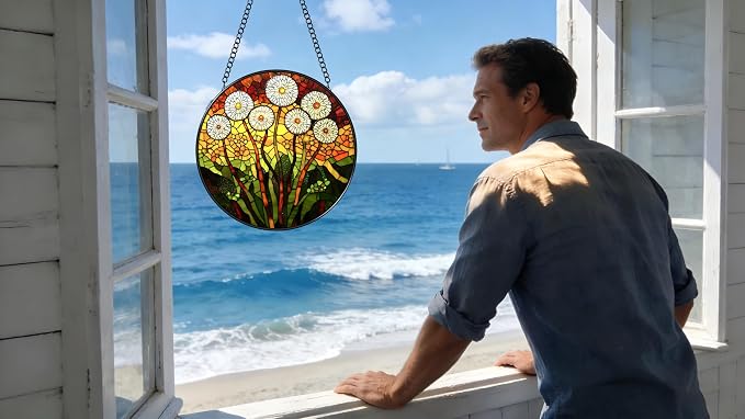 Stained Glass Window Hanging - Colorful Dandelion Pattern 6.3 Inches Suncatcher for Garden Home Decor for Women Mon Grandma Friends