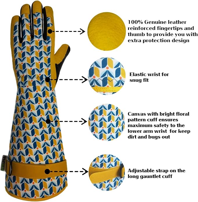 Thornproof Rose&Cactus Gardening Gloves,Gauntlet Garden Glove,Gifts | Canvas,Cute Floral Pattern,Leather Palm,Touchscreen,Durable Material,Garden Gift,Men&Women,Machine Washable,Adjustable Cuff