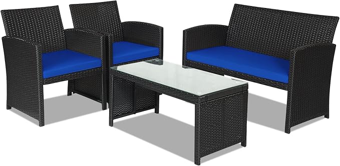 Goplus Rattan Patio Furniture Set 4 Pieces, Outdoor Wicker Conversation Sofa and Table Set with Soft Cushions & Tempered Glass Coffee Table for Balcony Garden Backyard (Blue)
