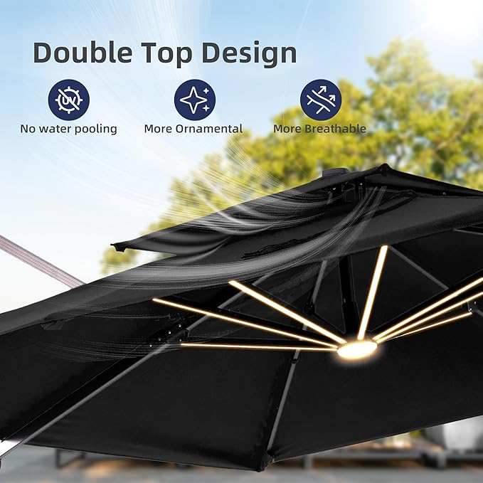 9x12 FT Patio Umbrella with LED Lights Cantilever Outdoor Large Heavy Duty Rectangle Aluminum Offset Umbrellas Double Top 360 Rotation 7 Tilt Adjustment for Pool Deck Garden, Black