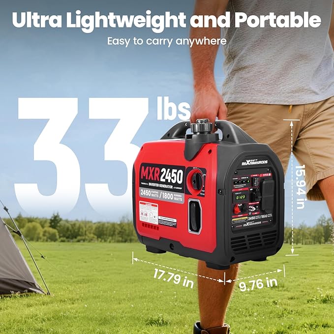 maXpeedingrods 2450 Watt Portable Inverter Generator for Camping, Home | MXR2450 Small Generator 17kg, Gas Powered, CO Sensor, RV Ready, Parallel & ECO Function Available, w/PGMA EPA UL 2201, Quiet