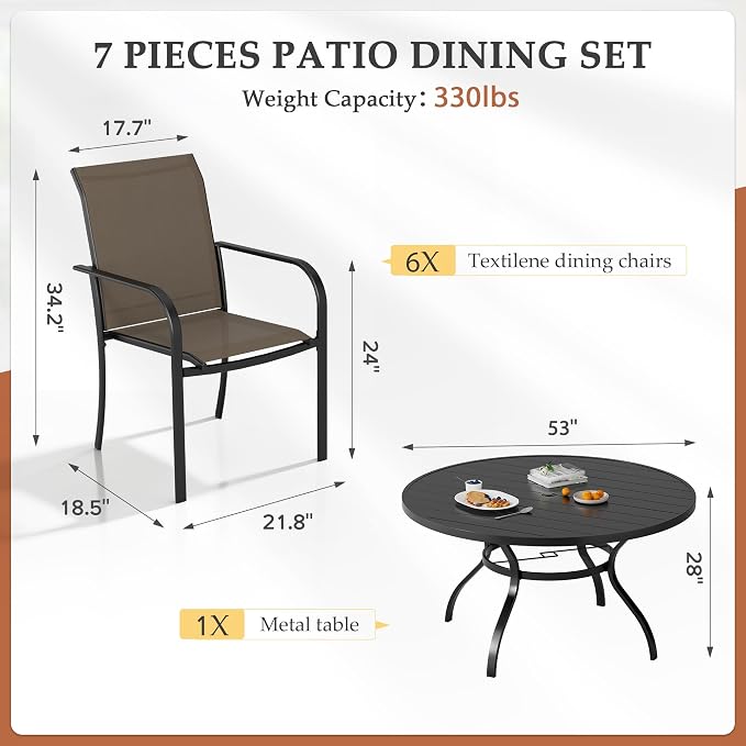 SUNCROWN 7 - Piece Outdoor Dining Set, Patio Furniture Set with 6 x Textilene Dinning Chairs and 53" Metal Round Table with Umbrella Hole for Lawn Garden Backyard Deck, Brown