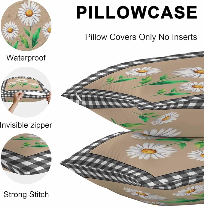 YOKOU Waterproof Throw Pillow Covers, Daisy Flowers Black White Buffalo Check Plaid Decorative Pillowcase Soft Cushion Case for Patio Couch Tent Balcony, Set of 2 Rectangle, 20"X12"