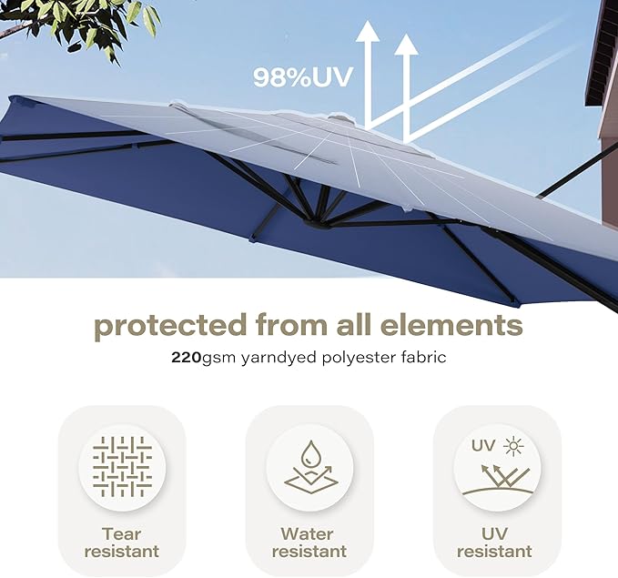 LAUSAINT HOME Patio Umbrella Outdoor,11 Feet Cantilever Umbrella Aluminum Offset Umbrella with 360-degree Rotation for Backyard, Pool, Lawn, Deck (Square, Navy Blue)