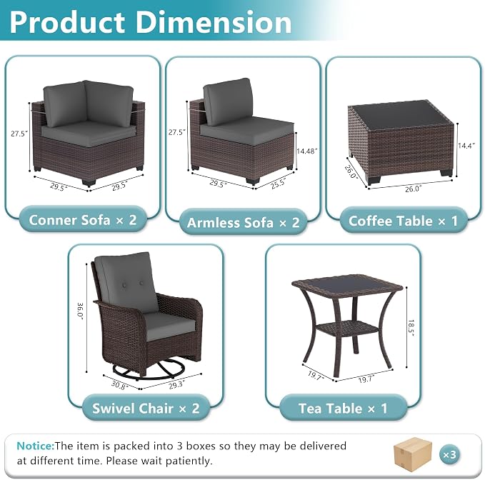 ALAULM 8 Pieces Patio Furniture Set with 2 Swivel Chairs Wicker Patio Conversation Set, Outdoor Sectional Furniture w/Coffee Table & Washable Seat Cushions-Grey