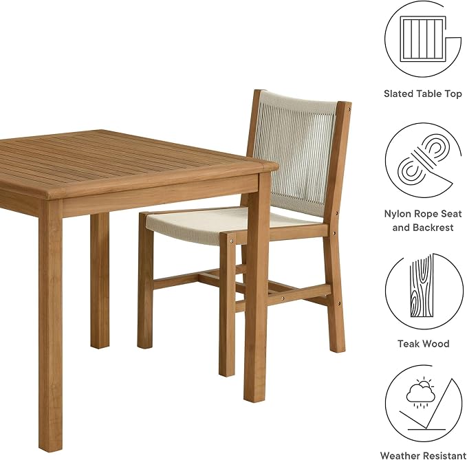 Modway Vienna Outdoor Patio Teak Wood 3-Piece Dining Set in Natural Natural – Weather-Resistant Square Dining Table with Woven Rope Armless Chairs – Bistro Set for 2 – Chair Patio Set with Table