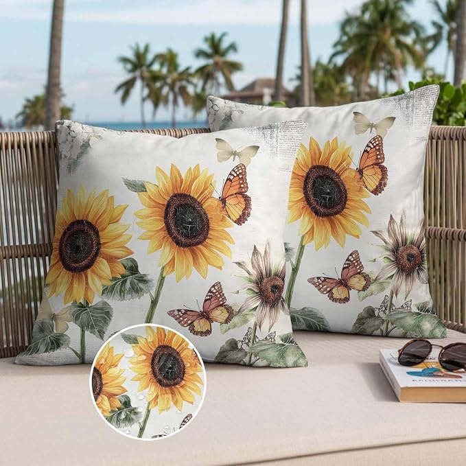 Sunflower Outdoor Waterproof Throw Pillow Covers Set of 2, 26"x26", Farmhouse Rustic Retro Summer Floral Butterfly Decorative Pillow Covers Outside Cushion Case for Patio Porch Garden