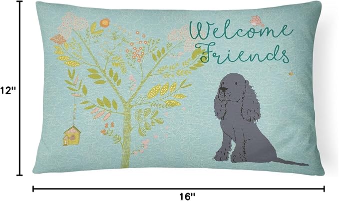 Caroline's Treasures BB7618PW1216 Welcome Friends Black Cocker Spaniel Canvas Fabric Decorative Pillow Machine Washable, Indoor Outdoor Decorative Pillow for Couch, Bed or Patio, 12HX16W