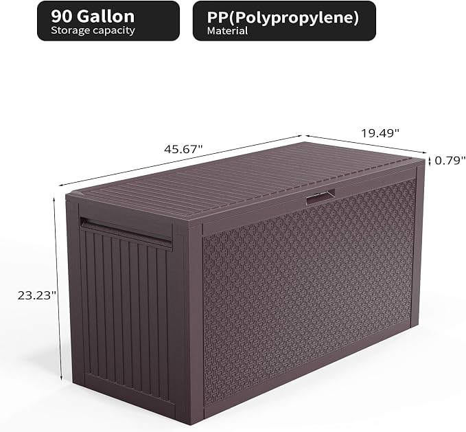 Brown 90 Gal Outdoor Storage Deck Box, Patio Container for Garden Tools, Seat Chest for Backyard Deck Balcony, Patio Storage Chest Deck Box for Cushions, Garden Tool Organizer 45.6"L x 19.5"W x 23.2"H