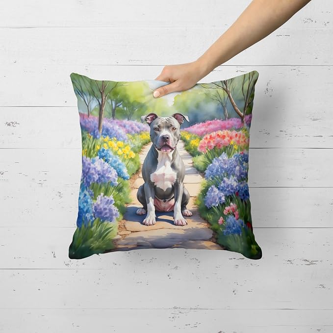 Caroline's Treasures Pit Bull Terrier Spring Path Throw Pillow Machine Washable, Indoor Outdoor Decorative Pillow for Couch, Bed or Patio, 18Hx18W