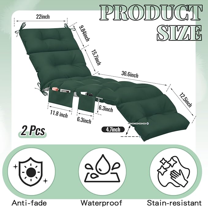 Kigley 2 Pcs Outdoor Chaise Lounge Cushions with 3 Side Pocket 74.5 x 22 x 4.7 Inch Patio Chaise Lounge Cushion, Water-Repellent and Fade-Resistant Tufted Summer Replacement(Dark Green)