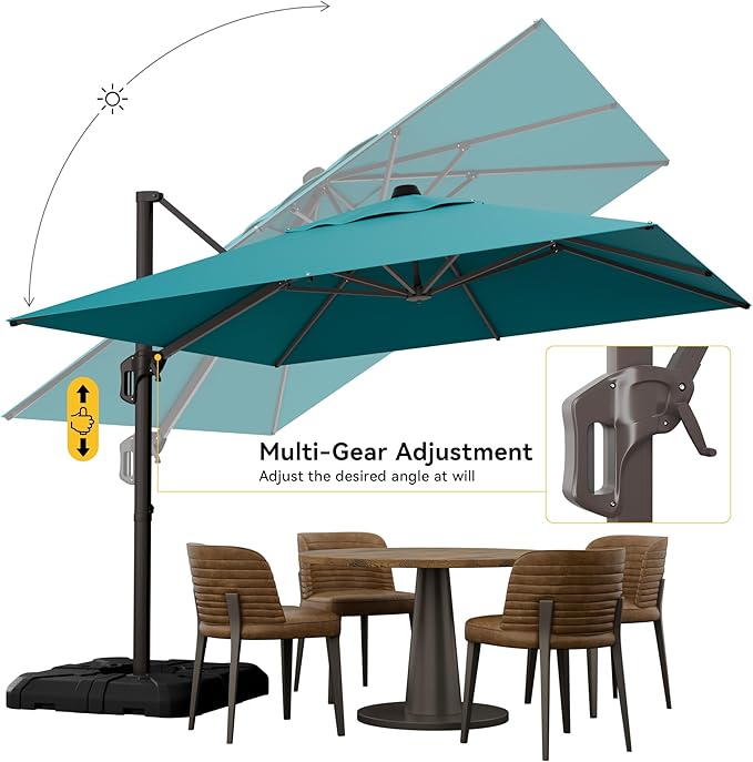 10x10FT Cantilever Outdoor Umbrella with Base, 360° Rotating Large Offset Square Patio Umbrella, Ideal for Garden Backyard Deck Courtyard, Turquoise