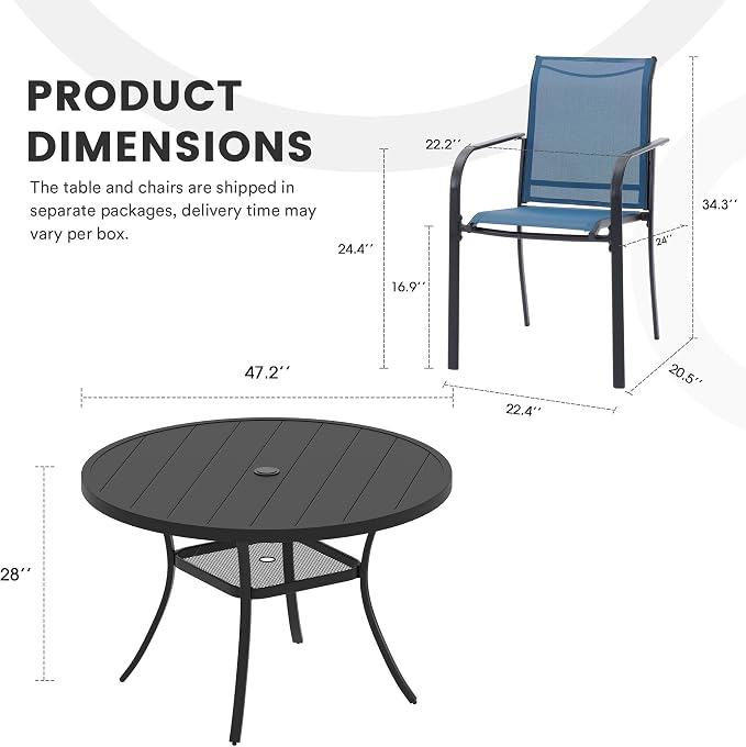 7 Pieces Patio Dining Set, 47" Round Dining Table with Umbrella Hole, 6 Stackable Textilene Fabric Chairs, Metal Structure for Patio, Porch, Garden(Black Table, Blue Chair)