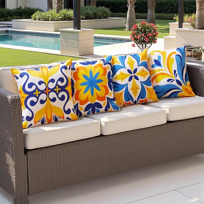 Blue and Orange Outdoor Floral Pillow Covers 18x18 Set of 4 Waterproof, Mediterranean Decor Accent Porch Throw Pillows 18 x 18, Fade Resistant Waterproof Outdoor Pillows for Patio Furniture