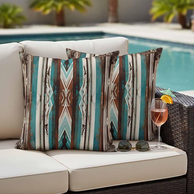 Ethnic Tribal Stripes Outdoor Pillow Covers 24"x24" Set of 2, Retro Vintage Geometric Teal Brown Stripes Waterproof Throw Pillow Covers for Patio Furniture, Decorative Cushion Covers for Porch