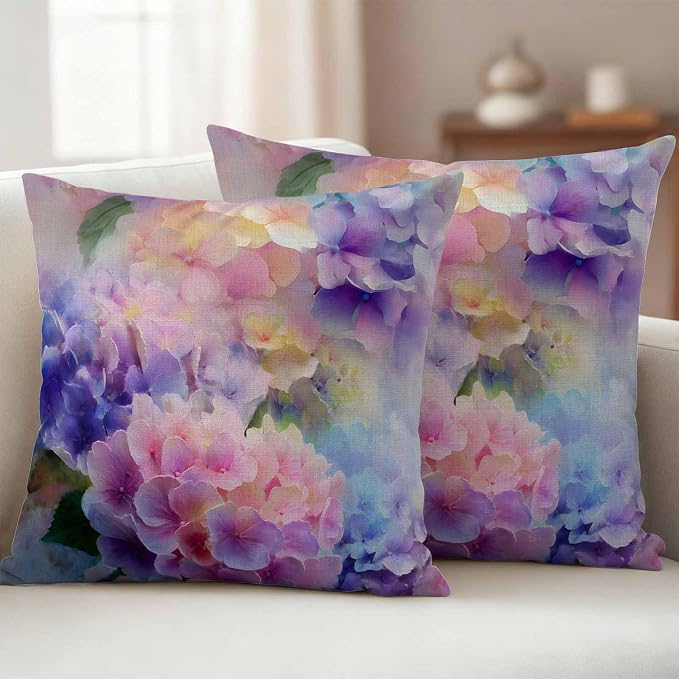 Pink Purple Floral Outdoor Pillow Cover 18x18 Inch Cushion Sham Case, Spring Hydrangea Flower Vintage Botanical Waterproof Decorative Square Throw Pillowcase for Outside Garden Patio Porch Couch Chair