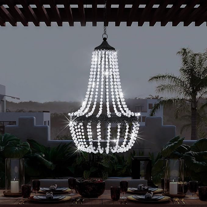 Hanging Solar Lantern Outdoor, 28” Modern Clear Crystal Acrylic Chandelier with 30 Cool White Lights S Hook for Garden, Yard, Patio, Gazebo Decorations