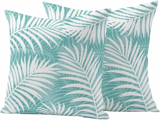 Vandarllin Outdoor Throw Pillows Covers 24x24 inch Set of 2 Waterproof Tropical Palm Leaves Decorative Zippered Cushion Covers for Patio Furniture, Aqua Summer Beach Leaf Lumbar Pillowcases