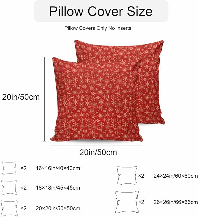 Red Christmas Outdoor Pillow Cover 24x24 Inch Cushion Sham Case, Farmhouse Gold Snowflakes Winter Xmas Waterproof Decorative Square Throw Pillowcase for Outside Garden Patio Porch Couch Chair Tent