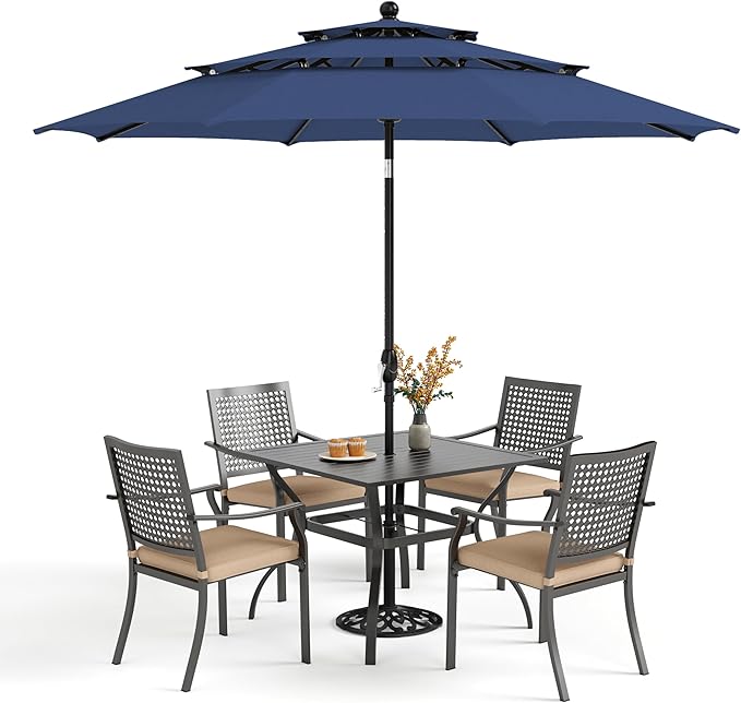 PHI VILLA Outdoor Table Chairs Set w/Umbrella, 5pc Patio Metal Furniture | 37" wrought iron square table & stackable chairs for 4. 10ft blue umbrella. Dining set for deck, porch, backyard.