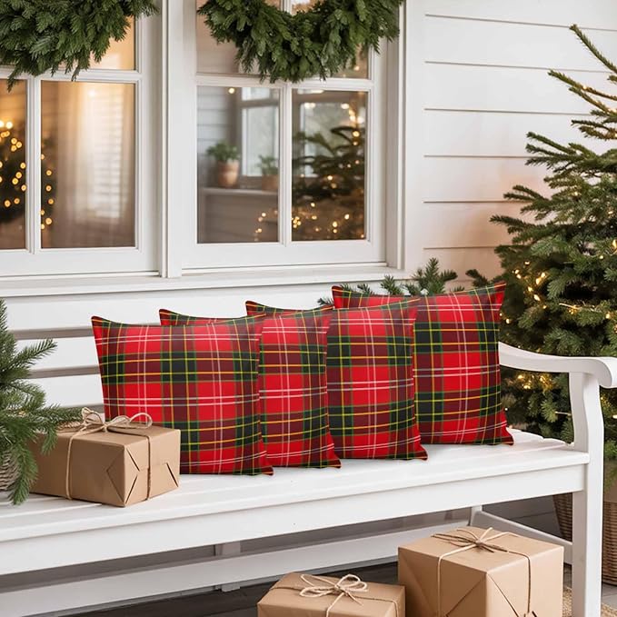 Outdoor Waterproof Throw Pillow Covers, Merry Christmas Red and Green Gingham Tartan Plaid Vintage Farmhouse Decor Pillowcases Cushion Covers Cases for Patio Couch Bench, Pack of 2 Square, 16X16 Inch
