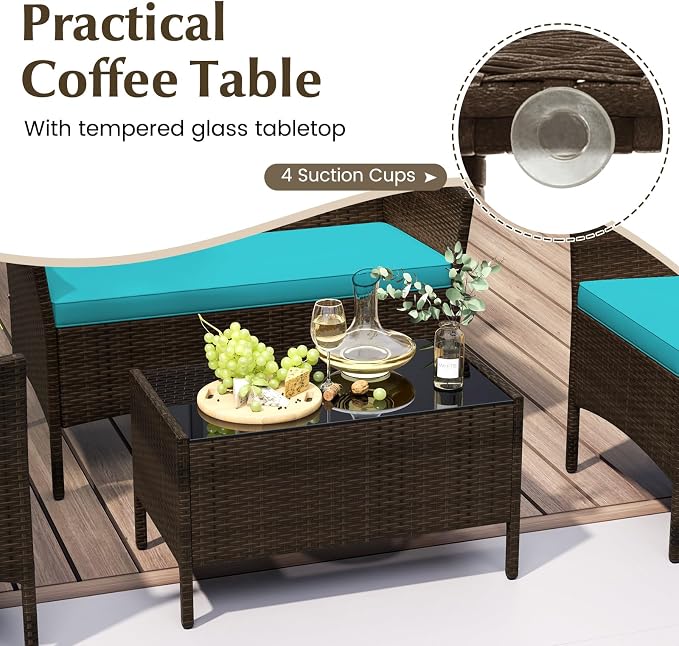 Tangkula 8 Piece Patio Rattan Conversation Set, Outdoor Wicker Furniture Set with Chair, Loveseat & Tempered Glass Table, Cozy Seat Cushions, Outside Sectional Sofa Set for Backyard (2,Turquoise)