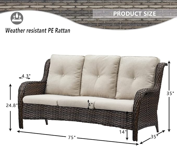 HUMMUH 6 Piece Patio Furniture Set PE Wicker Rattan 3-Seat Outdoor Sectional Sofa with Love Seats,Patio Swivel Chairs,Ottomans Conversation Sets for Garden, Poolside, Backyard