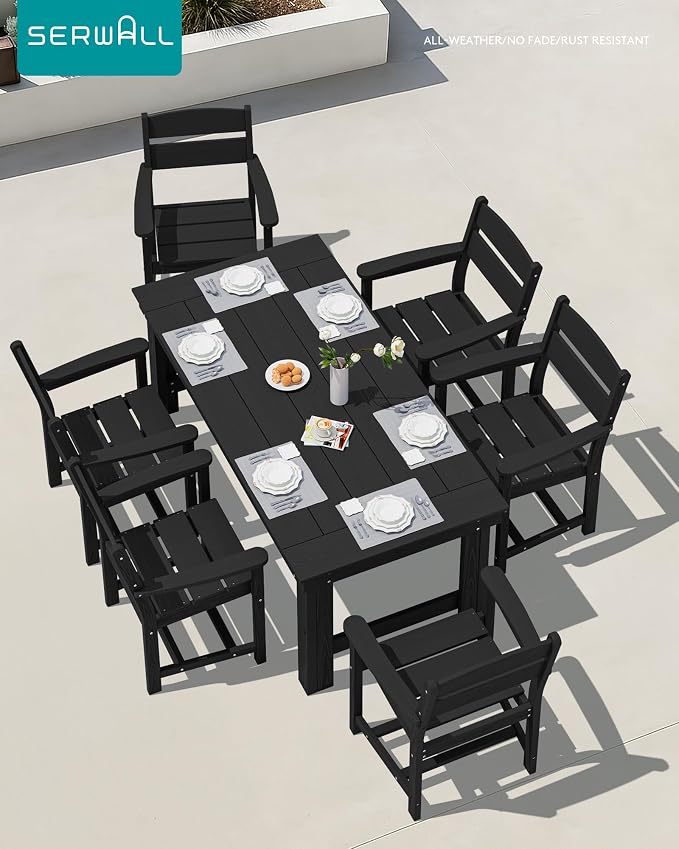 SERWALL HDPE Outdoor Dining Table and Chairs Set for 6 | with Oversized Chair Seat