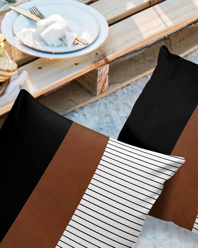 Outdoor Waterproof Throw Pillow Covers 24x24in, Farmhouse Mid Century Cushions for Patio Garden Furniture Chairs Set of 2, Boho Stripes Texture Home Decor Couch Sofa Polyester Pillow Cases