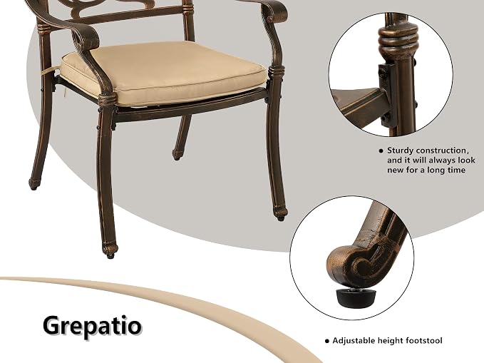 Grepatio 2 Piece Outdoor Cast Aluminum Dining Chairs, Patio Bistro Chair Set of 2, Modern Patterned Back Metal Chairs with Cushion, Antique Bronze (Khaki)