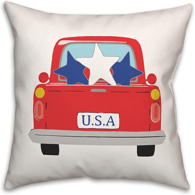 USA Vintage Truck Indoor/Outdoor Pillow | Decorative Pillows for Living Room Couch Bed Sofa Patio, Fluffy Soft Cushion | Water Resistant Red, 18x18